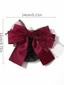 1pc Women's Double Layer Bow Hair Clip With Mesh Net Design, Suitable For Nurse, Bank Teller, Flight Attendant, Daily Commute Use Elegant - Burgundy - View 3
