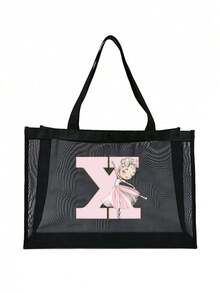 1 件女士欧美风格、镂空、户外收纳袋、手提袋、时尚、适合、适合学校、适合、简单纯色适合学生的学校用品、轻便、大容量、便携式网状沙滩包、非常适合家庭旅行、度假、假日、海滩、露营和徒步旅行、最适合海滩氛围的女士包 - 黑色 - 查看 16