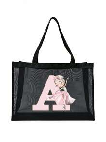 1 件女士欧美风格、镂空、户外收纳袋、手提袋、时尚、适合、适合学校、适合、简单纯色适合学生的学校用品、轻便、大容量、便携式网状沙滩包、非常适合家庭旅行、度假、假日、海滩、露营和徒步旅行、最适合海滩氛围的女士包 - 黑色 - 查看 32