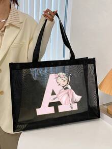 1 件女士欧美风格、镂空、户外收纳袋、手提袋、时尚、适合、适合学校、适合、简单纯色适合学生的学校用品、轻便、大容量、便携式网状沙滩包、非常适合家庭旅行、度假、假日、海滩、露营和徒步旅行、最适合海滩氛围的女士包 - 黑色 - 查看 4