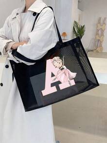 1 件女士欧美风格、镂空、户外收纳袋、手提袋、时尚、适合、适合学校、适合、简单纯色适合学生的学校用品、轻便、大容量、便携式网状沙滩包、非常适合家庭旅行、度假、假日、海滩、露营和徒步旅行、最适合海滩氛围的女士包 - 黑色 - 查看 3