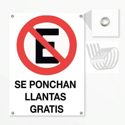 Señalamiento Letrero Señal Se ponchan llantas gratis, Plástico estireno, medida 26 cm X 36 cm.