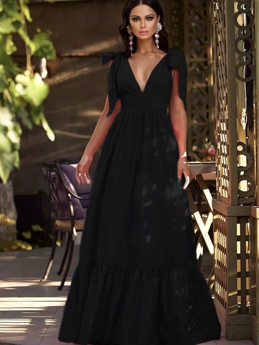 Vestido elegante hombros descubiertos con cordón escote cuello profundo para mujer - Negro - Ver 1