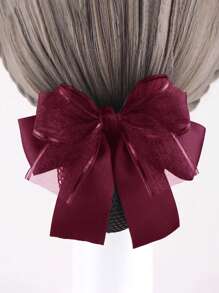 1pc Women's Double Layer Bow Hair Clip With Mesh Net Design, Suitable For Nurse, Bank Teller, Flight Attendant, Daily Commute Use Elegant - Burgundy - View 1