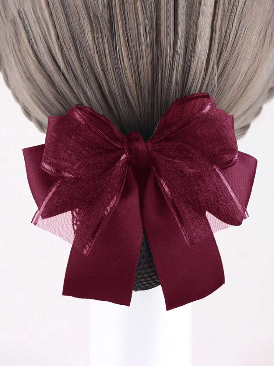 1pc Women's Double Layer Bow Hair Clip With Mesh Net Design, Suitable For Nurse, Bank Teller, Flight Attendant, Daily Commute Use Elegant - Burgundy - View 1
