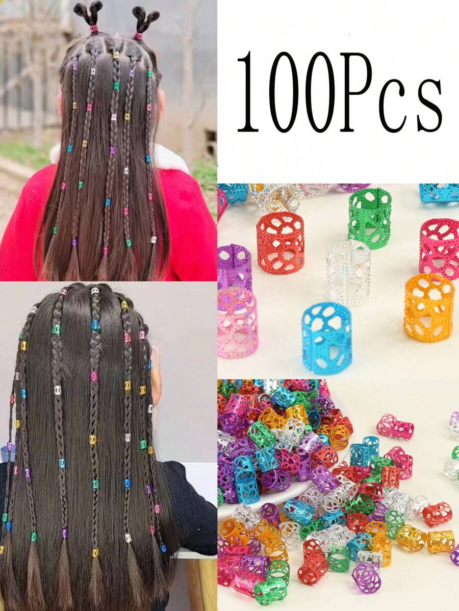 100pcs Children Hair Braiding Aluminum Rings, Multi-Colored Hair Weaving Rings, Hair Decorations For Party Activities - Multicolor - View 1