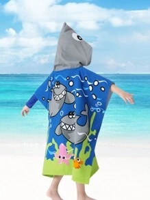 1PC Hooded Bath Beach Poncho Towels For 4-10ags Kid Boys Swim Cover-Ups Cloak With Portable Bag, Great White Shark Theme