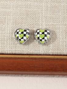 2入組女孩專用心型、棋盤和花朵圖案耳釘