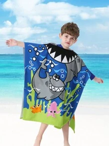 1PC Hooded Bath Beach Poncho Towels For 4-10ags Kid Boys Swim Cover-Ups Cloak With Portable Bag, Great White Shark Theme