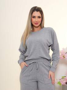 Conjunto de moletimho de blusa manga longa e calça pantalona C3028 - Cinza - Visão 5