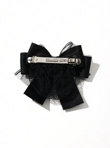 1pc Women's Solid Color Double-Layered Bowknot Hair Clip With Mesh Net Suitable For Nurse, Banker, Stewardess Daily Commute Elegant Valentine's Day Valentines, Hair Accessories, Hair Barrettes Hair Clips Claw Clips Hair Claws, Winter Outfit For Women, Bows, Cute, Head Accessories, Hairpin,Summer,Holiday,Travel - Black - View 4