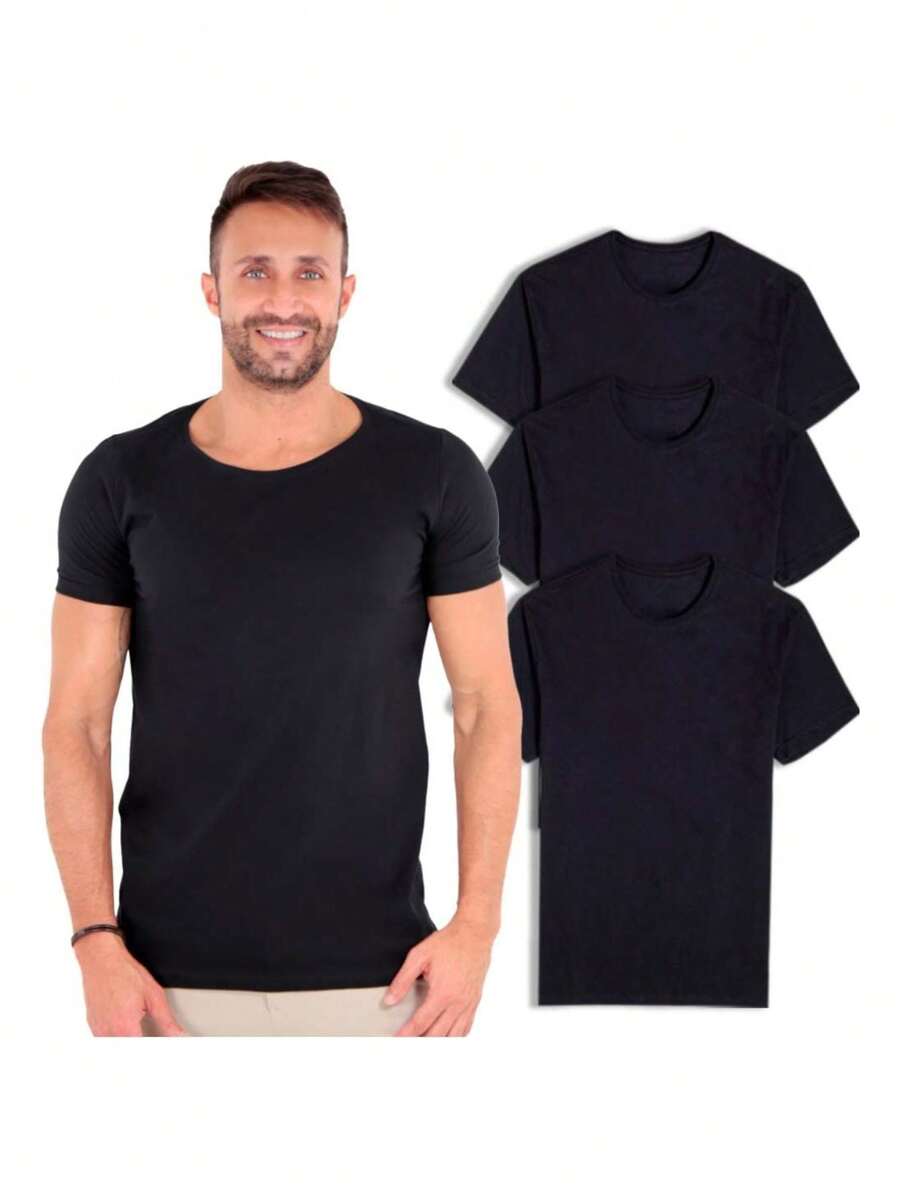 Kit 3 Camiseta Algodão Pima Peruano Masculina Lisa Básica - Preto - Visão 1