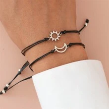 2pcs Creative & Concise Alloy Sun And Moon Weaving Friendship Couple Card Bracelet For Women - Sun and Moon - View 5