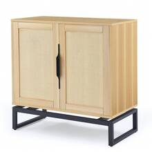 Rattan 2 Door Cabinet,With 1 Adjustable Inner Shelves - Màu Khaki - Xem 2