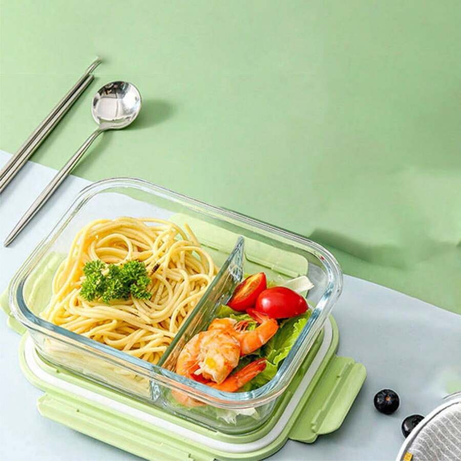 1 Pieza Caja De Almuerzo De Vidrio Que Resistente Al Microondas Con Función De Separación Y Conservación, Adecuado Para Estudiantes Y Trabajadores De Oficina - Verde - Ver 1