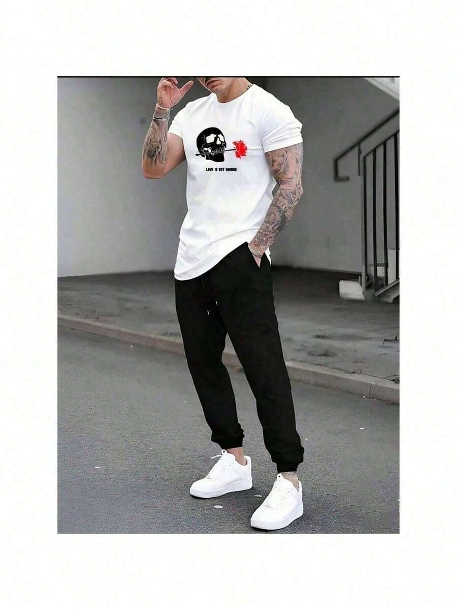 Men T-Shirt Co-Ords - White - View 1