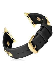 1條帶有金色圓頭釘裝飾的黑色皮革錶帶,適用於apple Watch Ultra Se系列8 7 6 5 4 3 49mm 45mm 44mm 42mm 38mm 40mm 41mm。獨家設計,時尚優雅 - 黑色 - 查看 6