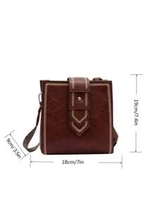 复古迷你缝线细节方形包迷你斜挎包女士宽肩带水桶包时尚带扣装饰方形钱包，复古风包包 - 棕色 - 查看 3