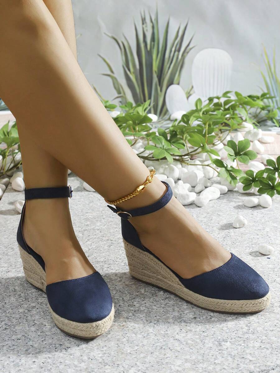 High Heel French-Style Wedge Sandals For Women, Featuring Strap & Weaved Design, Fashionable Round Toe Fisherman Cut-Out Shoes With Ankle Strap - Navy Blue - View 1