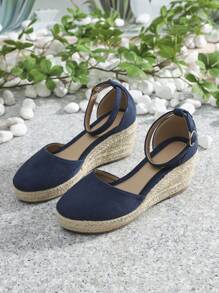High Heel French-Style Wedge Sandals For Women, Featuring Strap & Weaved Design, Fashionable Round Toe Fisherman Cut-Out Shoes With Ankle Strap - Navy Blue - View 2
