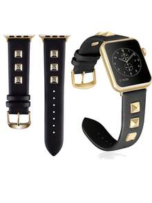 1條帶有金色圓頭釘裝飾的黑色皮革錶帶,適用於apple Watch Ultra Se系列8 7 6 5 4 3 49mm 45mm 44mm 42mm 38mm 40mm 41mm。獨家設計,時尚優雅 - 黑色 - 查看 5