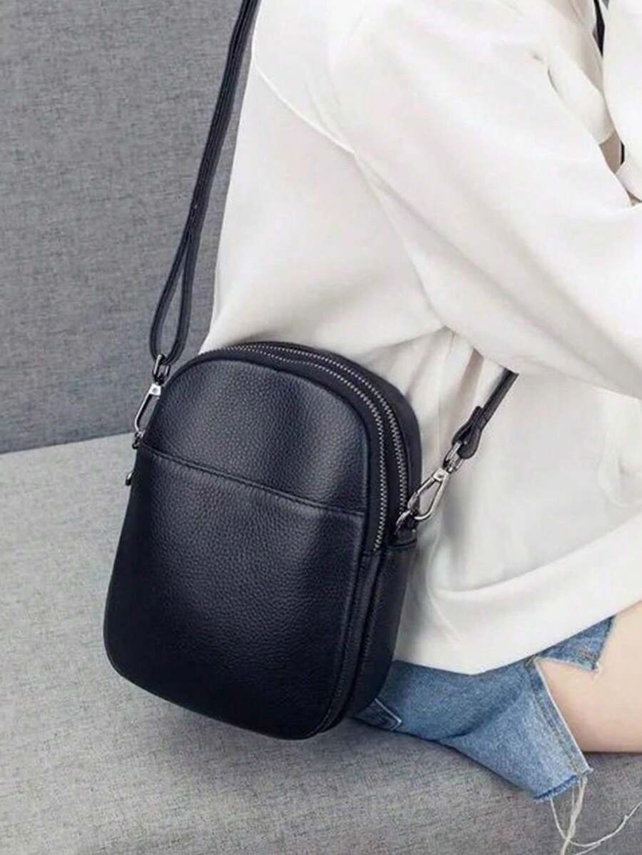 新款时尚大容量休闲多功能多层拉链斜挎手机包,优雅女士轻便奢华妈咪包,带前袋和零钱包,可调节肩带,PU 皮革,适合职场、大学生、日常使用 - 黑色 - 查看 1