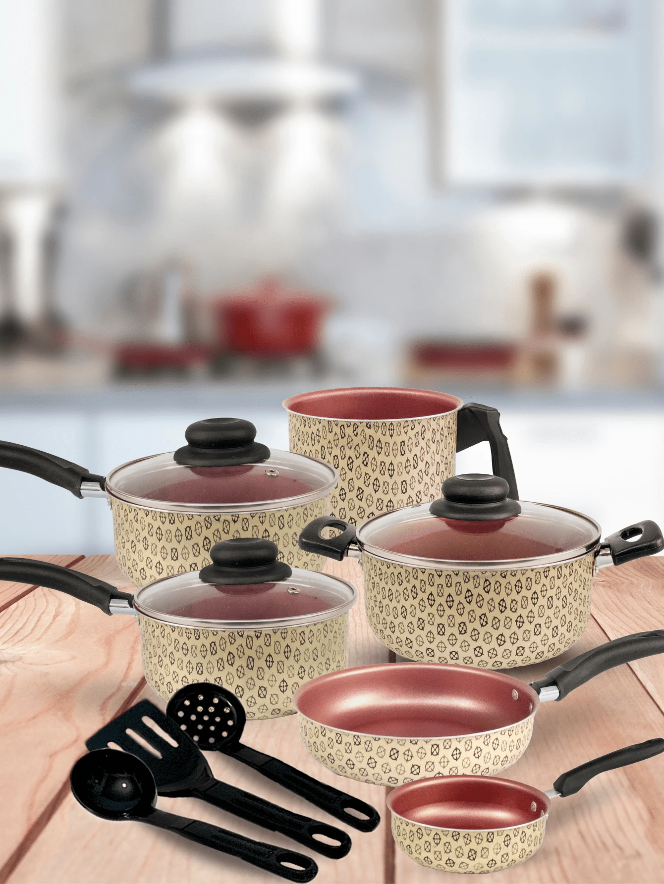 Jogo de Panelas Elegance Antiaderente Teflon Alumínio 9 Peças Tampa Vidro - Marfim Rosé - Visão 1