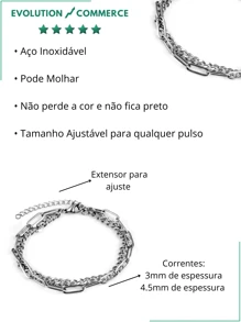 Pulseira Masculina de Corrente Dupla 2 em 1 Aço Inoxidável Antialérgico Pode Molhar Não fica preto Bracelete Ajustável cor prata Acessórios Presente para Homem Carnaval - Prata - Visão 4