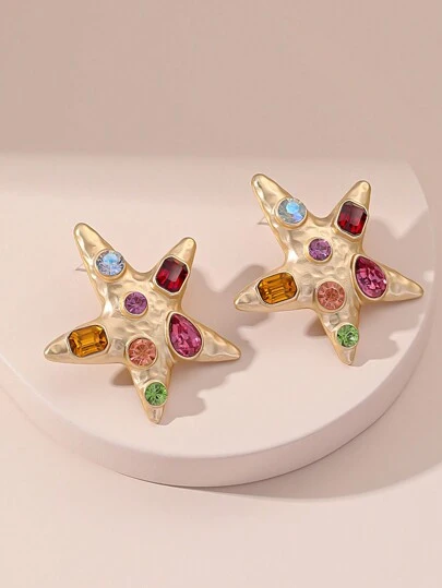 1對經典誇張的金色和彩色鑽石五角星耳環,適合女性派對和日常穿著