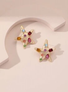 1 Paar Klassisch Übertriebene Gold & Mehrfarbige Strass Pentagramm Ohrringe, Geeignet Für Frauenpartys Und Den Täglichen Gebrauch
