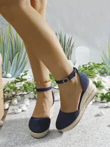 High Heel French-Style Wedge Sandals For Women, Featuring Strap & Weaved Design, Fashionable Round Toe Fisherman Cut-Out Shoes With Ankle Strap - Navy Blue - View 6