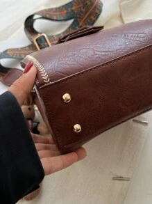 复古迷你缝线细节方形包迷你斜挎包女士宽肩带水桶包时尚带扣装饰方形钱包，复古风包包 - 棕色 - 查看 6