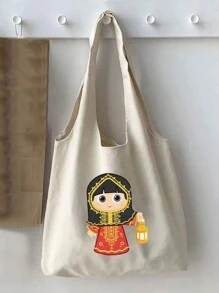 卡通女孩提燈印刷手提袋,方便旅行和購物的收納袋 - 米色 - 查看 6