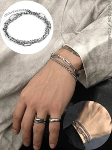 Pulseira Masculina de Corrente Dupla 2 em 1 Aço Inoxidável Antialérgico Pode Molhar Não fica preto Bracelete Ajustável cor prata Acessórios Presente para Homem Carnaval - Prata - Visão 1