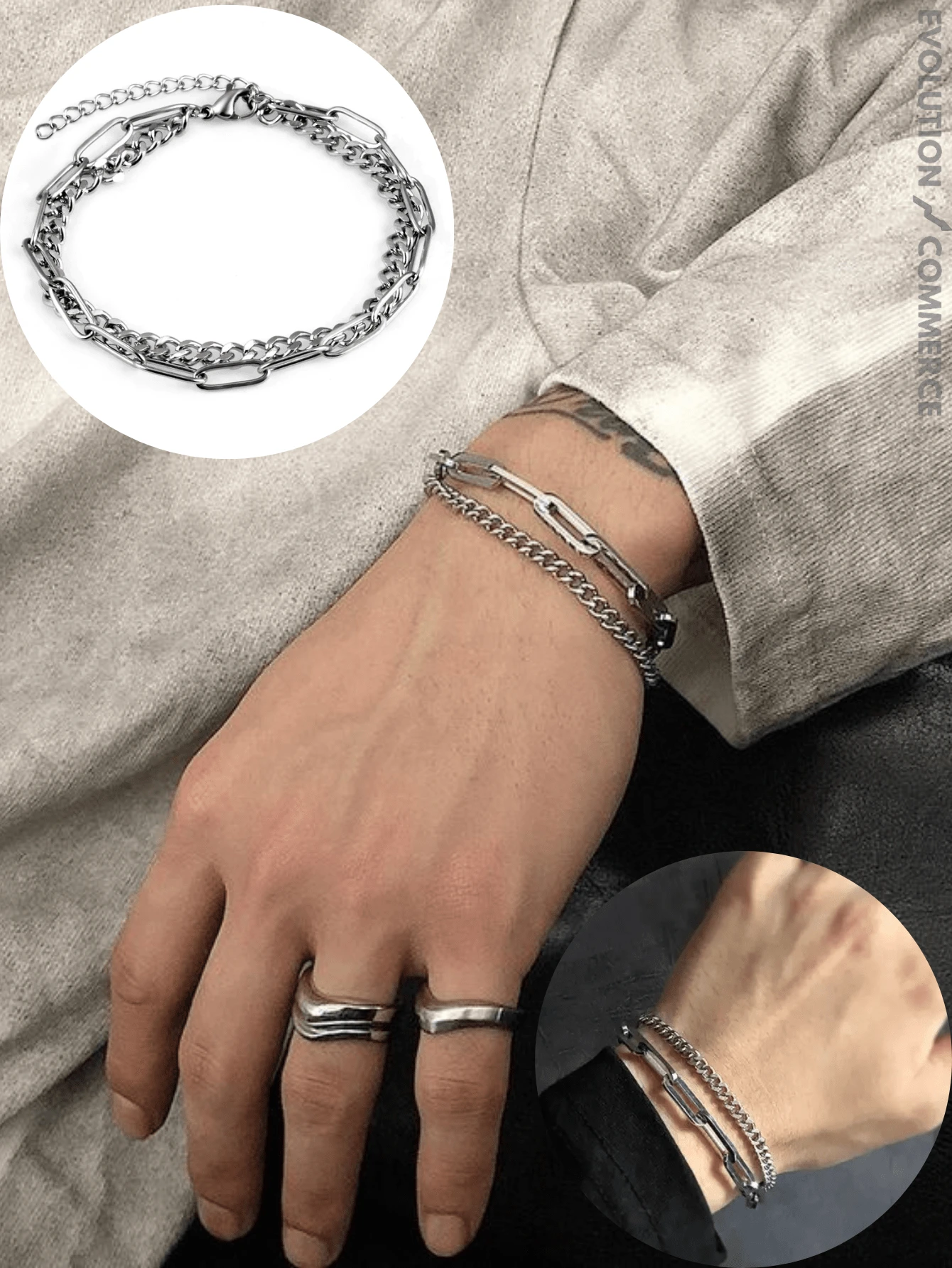 Pulseira Masculina de Corrente Dupla 2 em 1 Aço Inoxidável Antialérgico Pode Molhar Não fica preto Bracelete Ajustável cor prata Acessórios Presente para Homem Carnaval - Prata - Visão 1