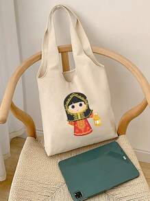 卡通女孩提燈印刷手提袋,方便旅行和購物的收納袋 - 米色 - 查看 3