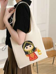 卡通女孩提燈印刷手提袋,方便旅行和購物的收納袋 - 米色 - 查看 2