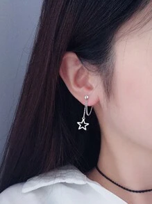 1pair Stainless Steel Hollow Out Star Pendant Front Back Hypoallergenic Pin Earrings - Silver - View 3