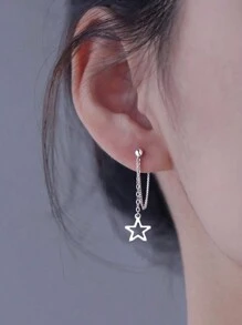 1pair Stainless Steel Hollow Out Star Pendant Front Back Hypoallergenic Pin Earrings - Silver - View 6
