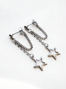 1pair Stainless Steel Hollow Out Star Pendant Front Back Hypoallergenic Pin Earrings - Silver - View 7