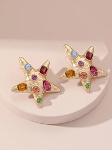 1 Paar Klassisch Übertriebene Gold & Mehrfarbige Strass Pentagramm Ohrringe, Geeignet Für Frauenpartys Und Den Täglichen Gebrauch