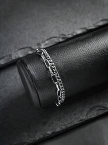 Pulseira Masculina de Corrente Dupla 2 em 1 Aço Inoxidável Antialérgico Pode Molhar Não fica preto Bracelete Ajustável cor prata Acessórios Presente para Homem Carnaval - Prata - Visão 2