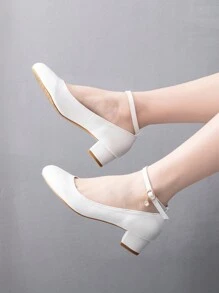 Giày Mary Jane màu trắng có dây đeo khóa gót khối 3cm, Giày cao gót công sở xuân thu công chúa lolita dành cho nữ sinh viên, Giày cao gót 1,35 inch, Giày cưới cô dâu màu trắng, Giày nữ công sở, Giày thường ngày - trắng - Xem 3