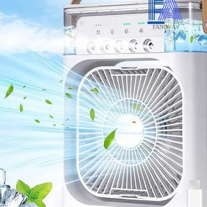 FANOVA  02Ventilador de refrigeración de aire acondicionado de 6 pulgadas con 5 ventiladores portátiles de luz de 7 colores en aerosol enfriador de aire kipas mini ventilador Humidificador de aire