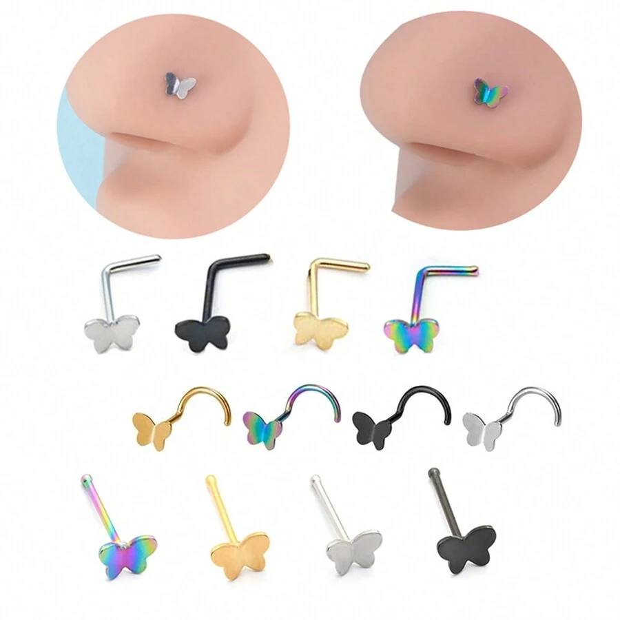 4入組（分別為五角星、正方形、心形和圓形）小鼻釘,帶鑽石閃耀唇釘,不鏽鋼穿身飾品,銀質鼻釘,多功能耳飾套組 - 彩色 - 查看 1