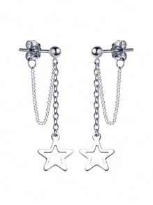 1pair Stainless Steel Hollow Out Star Pendant Front Back Hypoallergenic Pin Earrings - Silver - View 5