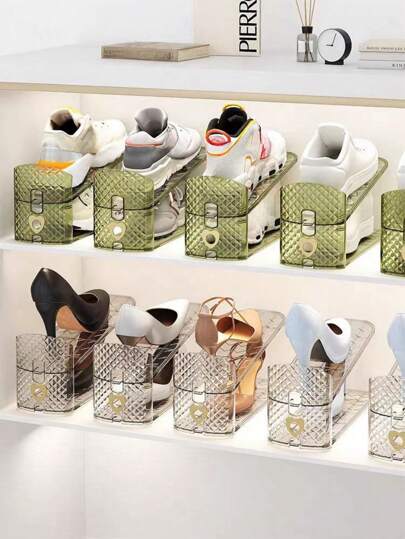 1pc Transparent White 3-Level Adjustable Shoe Rack, Plastic Double Layer Shoe Storage Organizer, Easy-To-Assemble Shoe Support For Multiple Shoe Types