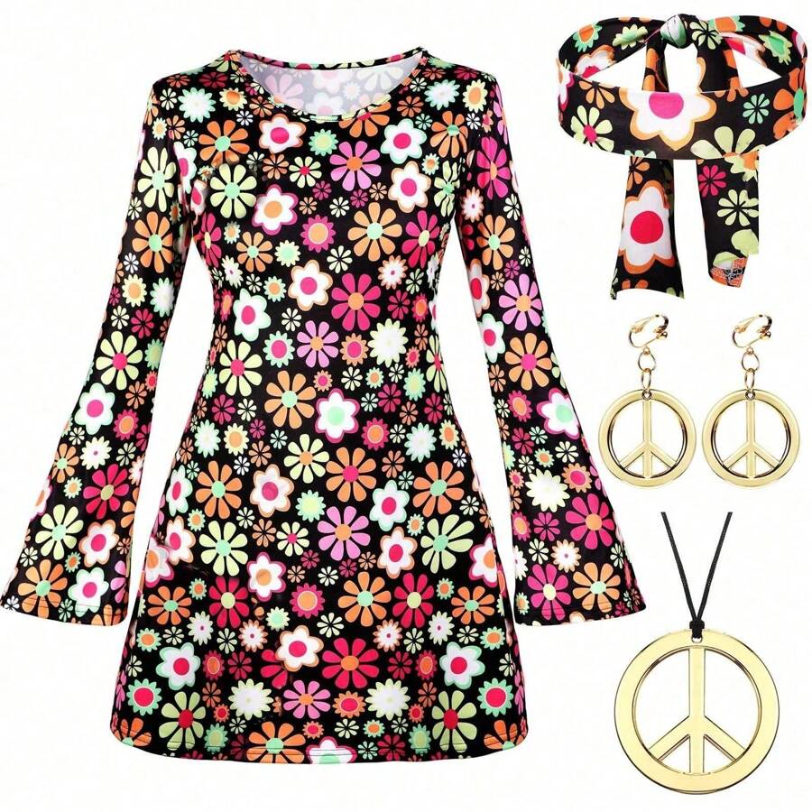 5Pcs 70s 80s Women Hippie Costume Set Disco Outfit Women And Girls Peace Sign Earring Necklace Headband Dress For Party Cosplay, (Random Pattern Position) Halloween Christmas Prom