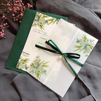 10Set Green Leaves Vellum Wedding Invitation Card Set With Blank Sheet And Pearl Rhinestone And Envelope