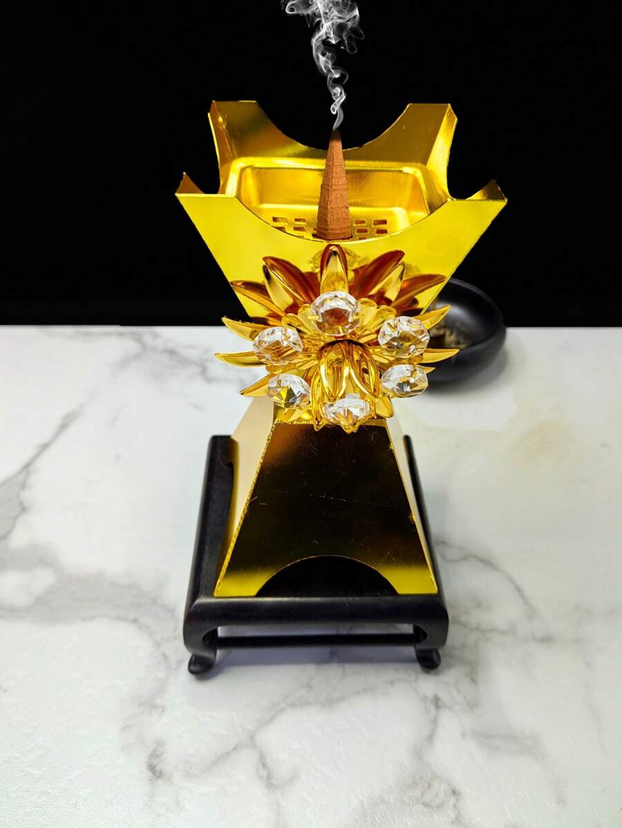 手工製作的鐵製香炉,水晶鑲嵌,金色花紋大尺寸香炉,適用於淨化空氣和檀香,適用於瑜伽、冥想和家居裝飾 - 金色 - 查看 1